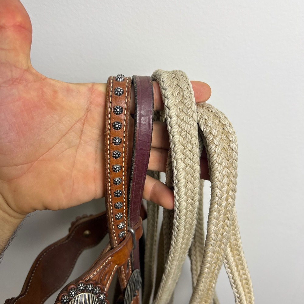 Unbranded Leather Headstall Double Diamond 7ft Reins Zebra Concho Brown Good - Picture 9 of 11
